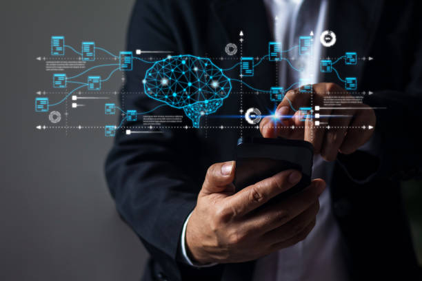 istock Businessman searches for information on his phone using Ai.Chat GPT. Chat with AI Artificial Intelligence, future technology. in the online system 1954911435