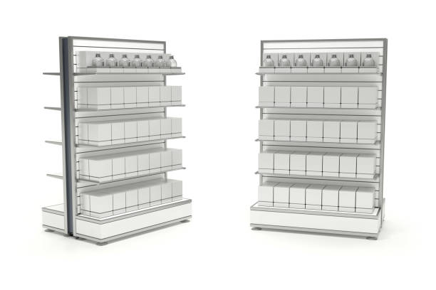 istock Store racks with glass shelves and perfume bottle packaging template 1954927204