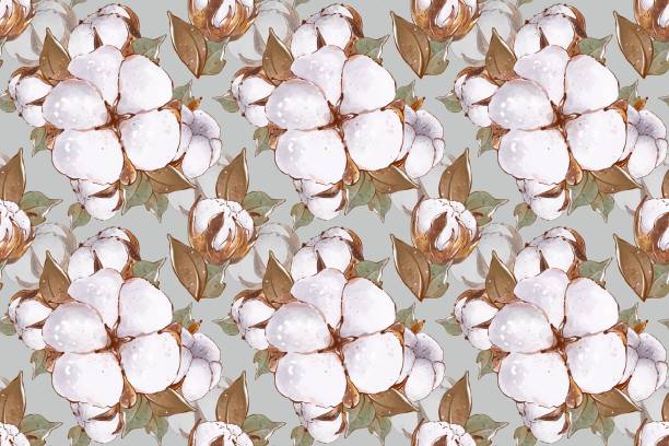 floral seamless pattern. cotton blossom flowers with greenery branches. hand drawn illustration, botanical background. design for textile, wedding invitations, wrapping paper, wallpaper - cotton flower textile textile industry stock-grafiken, -clipart, -cartoons und -symbole