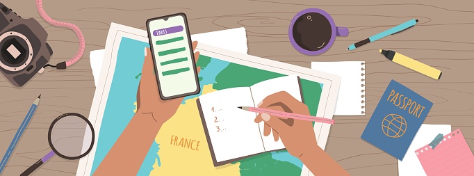 Woman planning her trip to France. Enroute France. Taking notes to notebook on map background. Finding a route on your smartphone. Top view. Vector illustration.