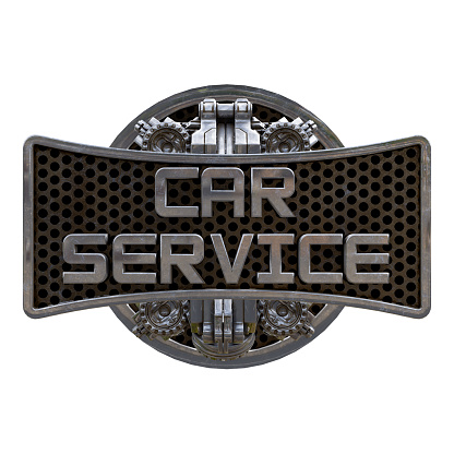 Metallic logo letters Car Service. Banner, signboard for the automotive industry and mechanical workshop. 3D Illustration