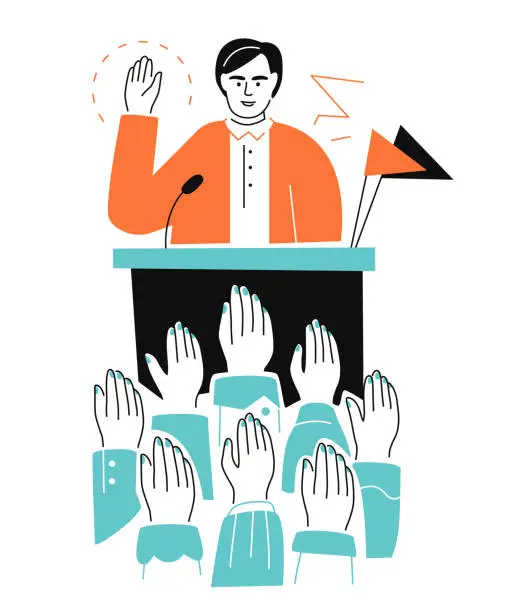Vector illustration of Voting by show of hands - colorful flat design style illustration