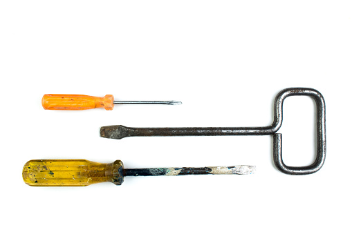 screwdrivers on white background. Tools. Top view