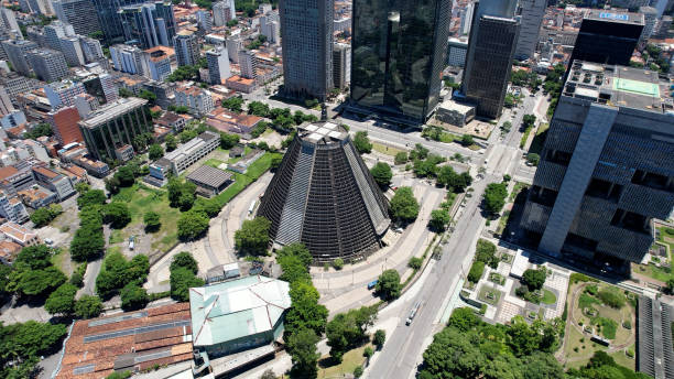 aerial view of metropolitan cathedral of rio de janeiro brazil. - downtown district brazil rio de janeiro clear sky - fotografias e filmes do acervo