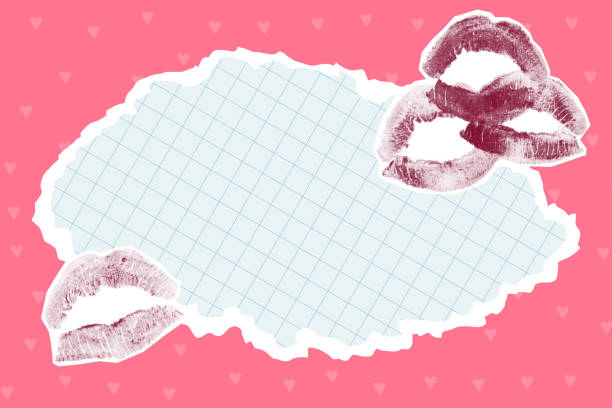 Torn notebook paper sheet, halftone collage elements cut out of paper on a pink background in the shape of a heart. Template for banner, prints of kisses. Love, Valentine's day.