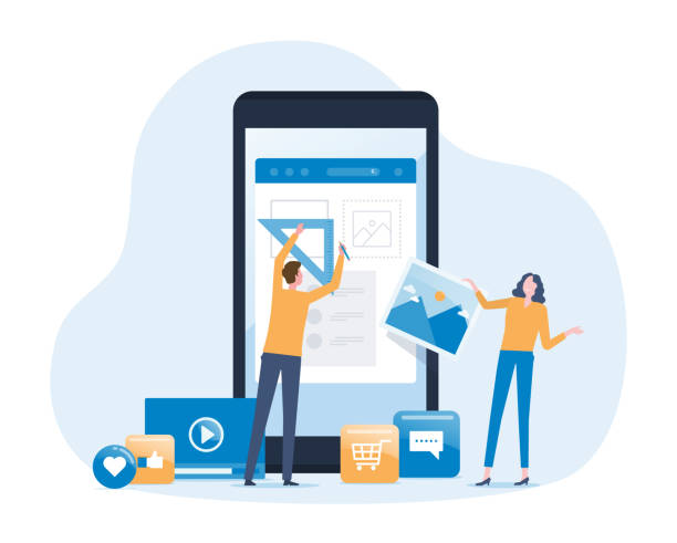 bildbanksillustrationer, clip art samt tecknat material och ikoner med flat vector illustration developer and designer team create online shop mobile application concept - webbdesign