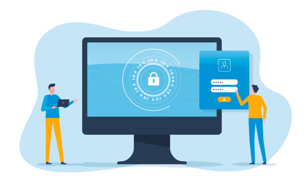 bildbanksillustrationer, clip art samt tecknat material och ikoner med flat vector business cyber, security technology with team administrator and developer working design concept - lösenord