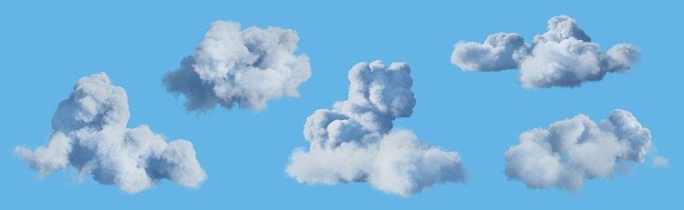 Set of white clouds isolated on blue background. 3D render. 3D illustration.