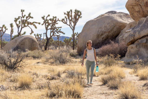Embarking on a solitary journey, a resilient woman traverses the untamed wilderness, each step a testament to her adventurous spirit. With a steadfast determination, she navigates the rugged terrain, a lone wanderer in nature's embrace. In her hand, she clutches a bottle of water, a vital companion for the expedition. Against the backdrop of untouched landscapes, she becomes a silhouette of independence, finding solace and strength in the solitude of her solo hike.