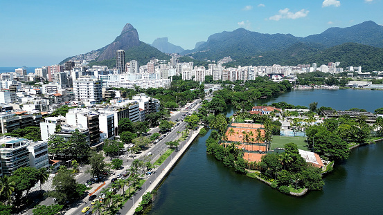 Rodrigo De Freitas Lake At Downtown City In Rio De Janeiro Brazil. Travel Destinations. Tourism Scenery. Downtown City At Rio De Janeiro Brazil. Summer Travel. Tropical Scenery.