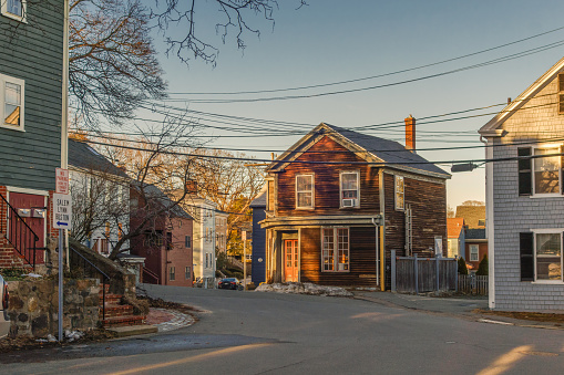 Marblehead, Massachusetts, USA - February 15, 2023; Downtown district with historical homes and charming streets.