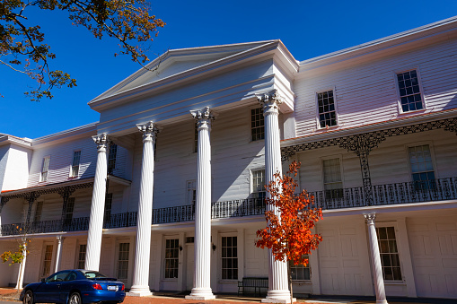 Old Salem, North Carolina, USA - October 26, 2023: Belo House built in 1849 . Edward Belo built this house for his mercantile store, and housing for his family and employees.