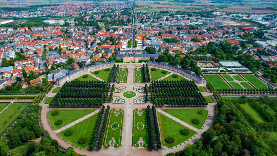 Aerial view of the city Schwetzingen in Germany on a cloudy summer afternoon