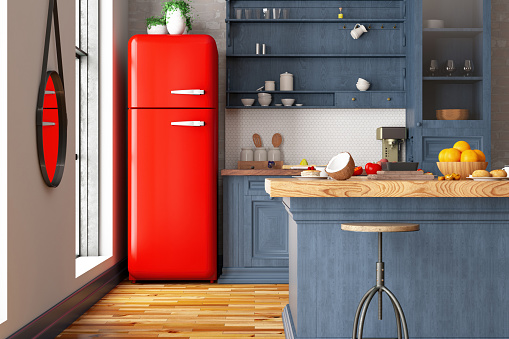 Cozy Retro Kitchen Interior with a Red Fridge and Ktichen Counter. 3D Render