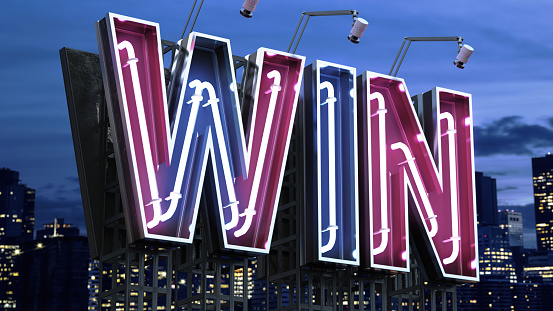Big Win Neon Sign with a Night City Background. 3D Render