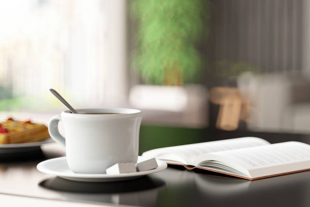 Open Book and Coffee Cup with a Cozy Indoor. 3D Render