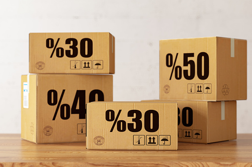 Sale Percentages on Cardboard Boxes. 3D Render