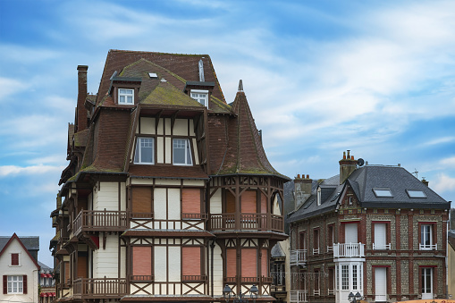 Facade of an ancient half-timbered medieval building in the district of Little France, Strasbourg, Alsace, France