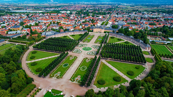 Aerial view around the old town of Schwetzingen in Germany  on a sunny day in summer