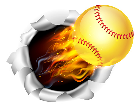 A Softball ball with flames and fire breaking through the background