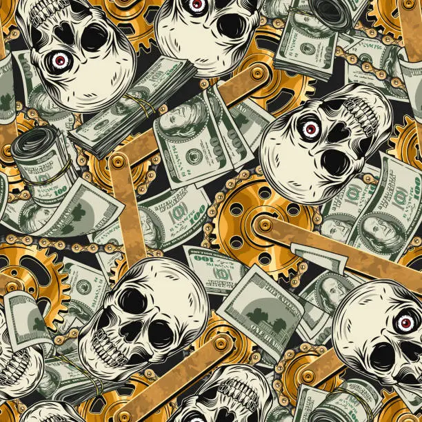 Vector illustration of Pattern with skull,100 US dollar bills, gold gears