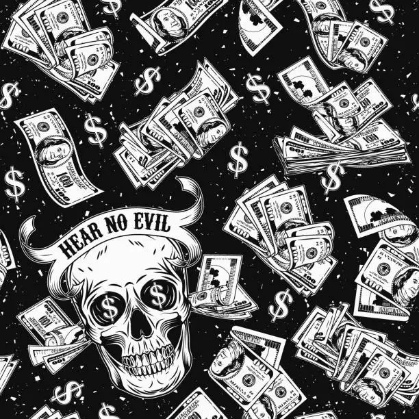 Vector illustration of Seamless pattern with skull, money, pile of 100 dollar bills, dollar sign. Creative interpretation of Three wise monkeys concept. Text Hear no evil, mouth full of cash. Corruption concept