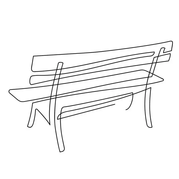 Vector illustration of Wooden bench for garden and park. A place to relax in nature. Continuous line drawing. Vector illustration.