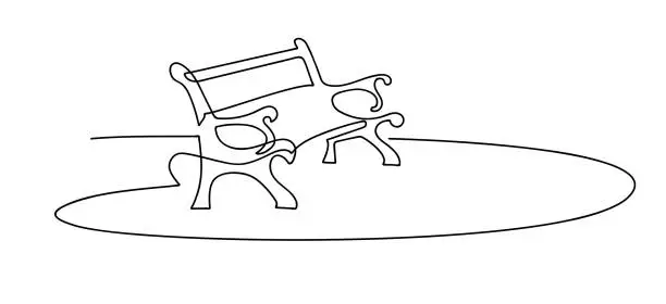 Vector illustration of Wooden bench for garden and park. A place to relax in nature. Continuous line drawing. Vector illustration.