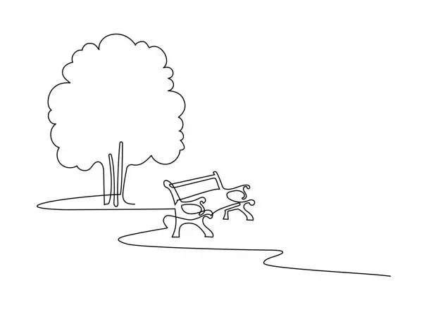 Vector illustration of Wooden bench on a path in a garden or park. A place to relax in nature. Continuous line drawing. Vector illustration.