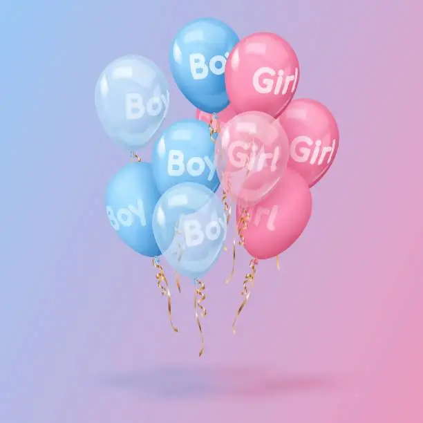 Vector illustration of Bouquet, bunch of realistic pink and blue balloons with text boy, girl, gold ribbons. Vector illustration for card, gender reveal party, design, flyer, poster, decor, banner, web, advertising