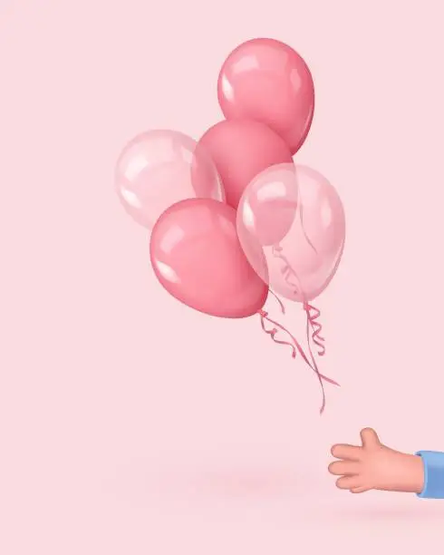Vector illustration of Poster with hand and bouquet of realistic glossy, mats and transparent pink balloons. Vector illustration for card, party, design, flyer, poster, decor, banner, web, advertising