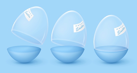 Opened realistic matte blue eggs, boxes, cases with stand, bottom half, glass dome and label, sticker. Happy Easter poster. Vector illustration for party, design, flyer, banner, web, advertising.