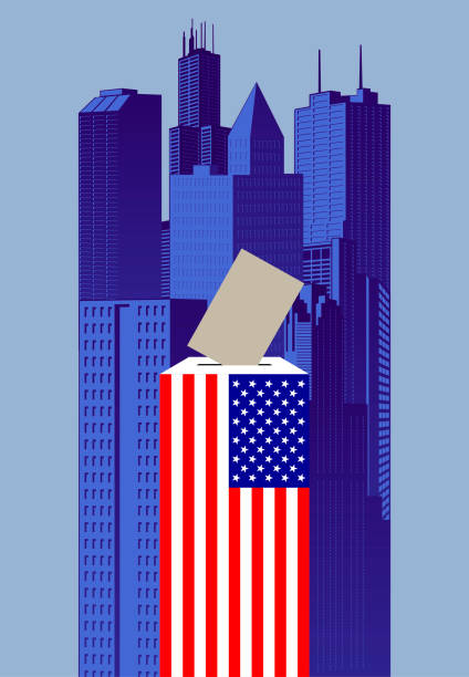istock Placard with a ballot box in the shape of a skyscraper with a long US flag and a ballot against the background of blue buildings of an American city 1955139500