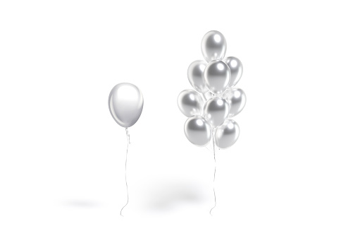 Blank silver round balloon single and bouquet mockup, front view, 3d rendering. Empty decorative sphere bunch mock up, isolated. Clear inflatable mylar ornament or pillar composition template.