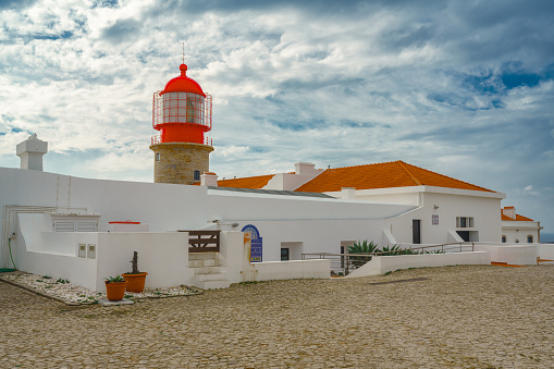 Sagres, Portugal - December 29, 2023. Lighthouse of Cabo Sao Vicente in Sagres, Algarve