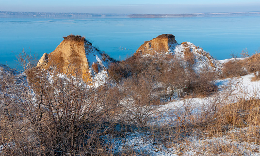 Camel rocks on the bank of the Tiligul estuary in winter