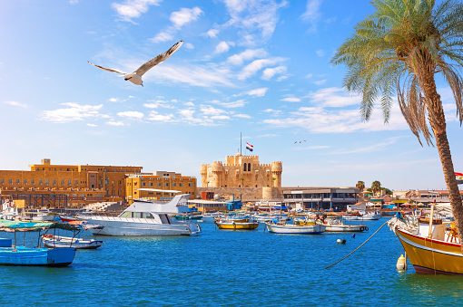 Qaitbay Fortress and Alexandria boat harbour, Mediterranean sea, Egypt.