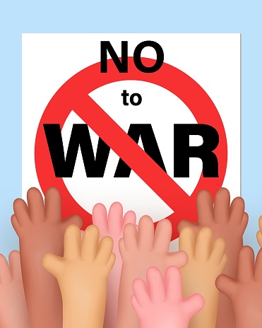 Poster with different nationality hands holding together banner with red forbidding sign no to war. Vector illustration for news, flyer, banner, web, advertising, article, agenda, social problem.