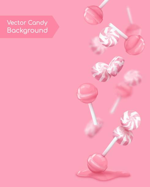 istock Poster with realistic falling pink glossy candies, lollipop, candies on a stick. Look like 3d rendering. Vector illustration for card, party, design, flyer, poster, banner, web, advertising 1955150672