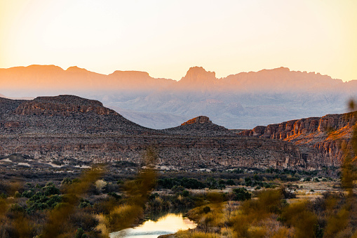 A look over the Rio Grande River in Big Bend National Park looking towards Mexico at sunset.