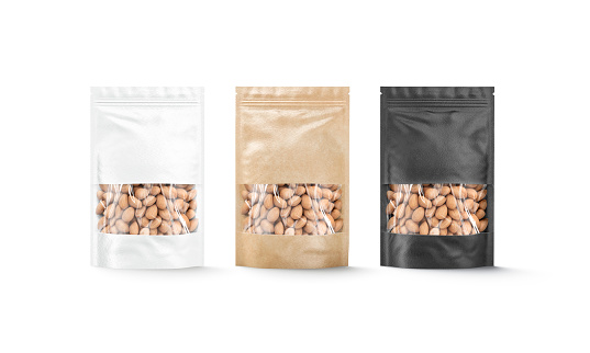 Blank black, white, craft zipper pouch with nuts mockup, isolated, 3d rendering. Empty doypack with canned almond mock up, front view. Clear sachet paper packaging with walnut template.