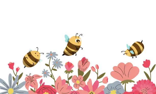 Vector illustration of Bee cartoon and flowers on white background vector illustration.