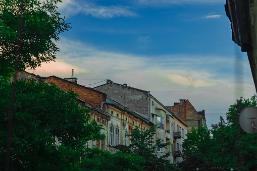 backstreet poor city urban landmark narrow buildings colorful view with sky background space