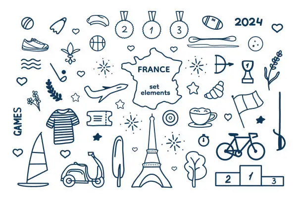 Vector illustration of Line sketch of Paris symbols, decorative elements, tourist food and c sports.