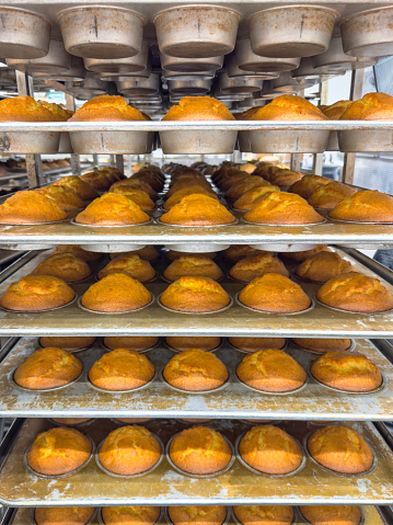 Freshly baked muffins in a bakery