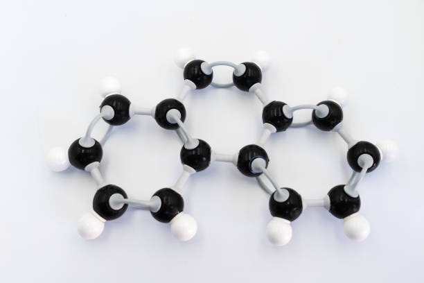 Phenanthrene molecule made by molecular model on white background. Phenanthrene molecule made by molecular model on white background. Chemical formula with colored atoms and bonds benzene chemical formula stock pictures, royalty-free photos & images