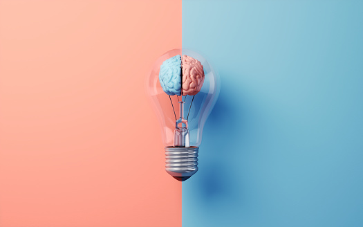 3d Render Anatomy of Right and Left Lobes of Human Brain in Light Bulb on Soft Colorful Background, Thought, Dementia, Parkinson's Disease, Alzheimer's, Mental Seizures (close-up)