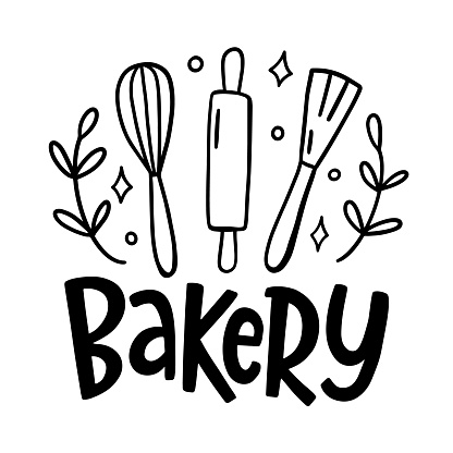 Bakery Tools Inscription Logo Emblem. Culinary Hand Written Lettering. Modern Logotype. T shirt Print, Kitchen Wall Poster. Typography Vector Illustration. Vintage Style Retro Design