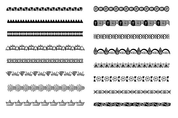 ilustraciones, imágenes clip art, dibujos animados e iconos de stock de set aztec tribal motive border in doodle hand drawn style from geometrical shapes isolated on white background. boho scandinavian srtoke, traditional native decor. - pattern maori tattoo indigenous culture