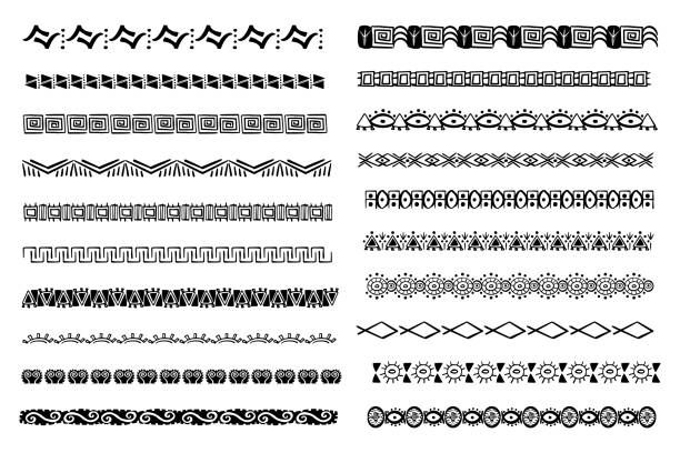 ilustraciones, imágenes clip art, dibujos animados e iconos de stock de set aztec tribal motive border in doodle hand drawn style from geometrical shapes isolated on white background. boho scandinavian srtoke, traditional native decor. - pattern maori tattoo indigenous culture